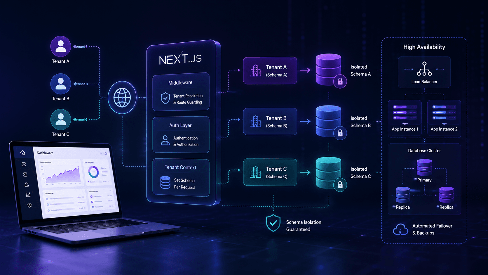 Automating Multi-Tenant Schema Isolation with Next.js: with High Availability Case Study | Magnence Automating Multi-Tenant Schema Isolation with Next.js: with High Availability Case Study | Copyright © Magnence